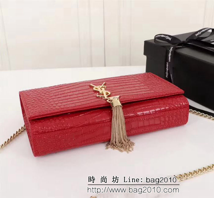 YSL聖羅蘭 經典銀扣 鱷魚紋牛皮 時尚流蘇包 26700 YAS1360